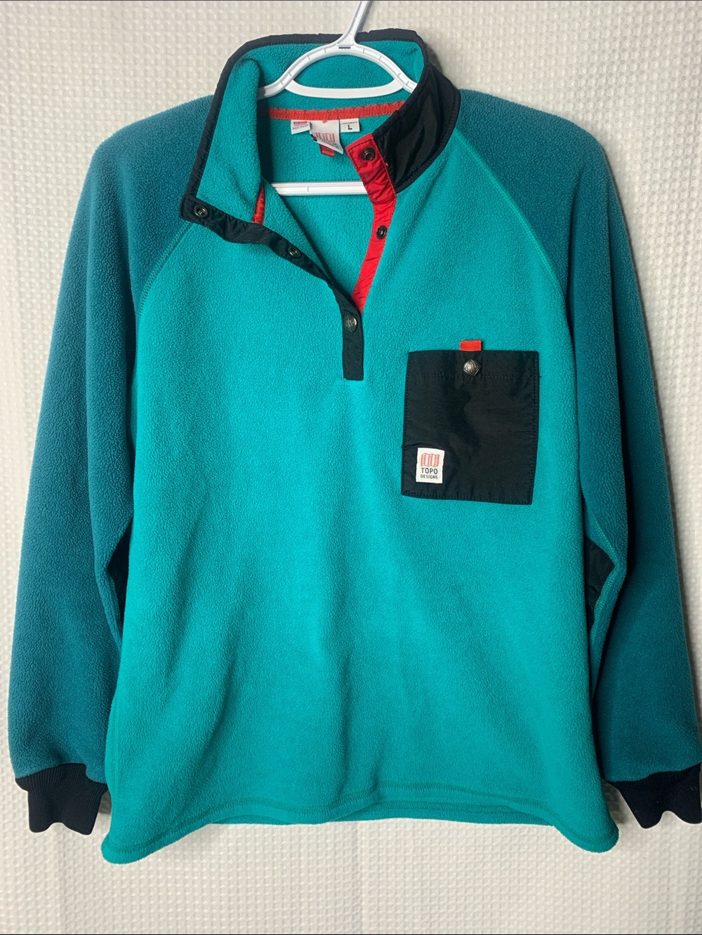 Topo Designs Color block Teal Mixed Media pullover fleece large U.S.A. Made